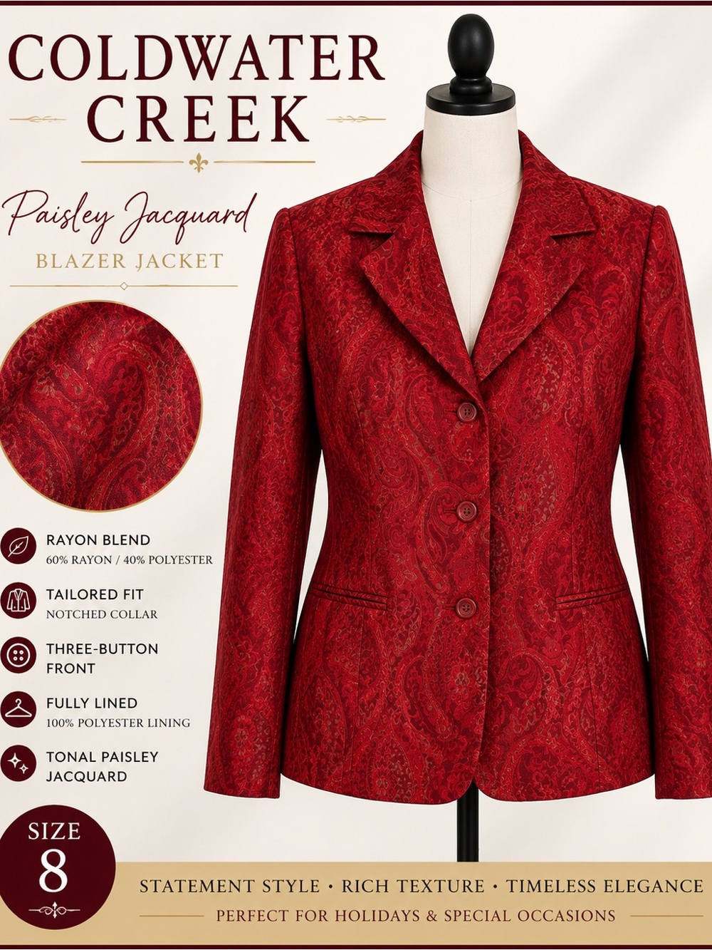 Coldwater Creek Red Paisley Jacquard Blazer Jacket